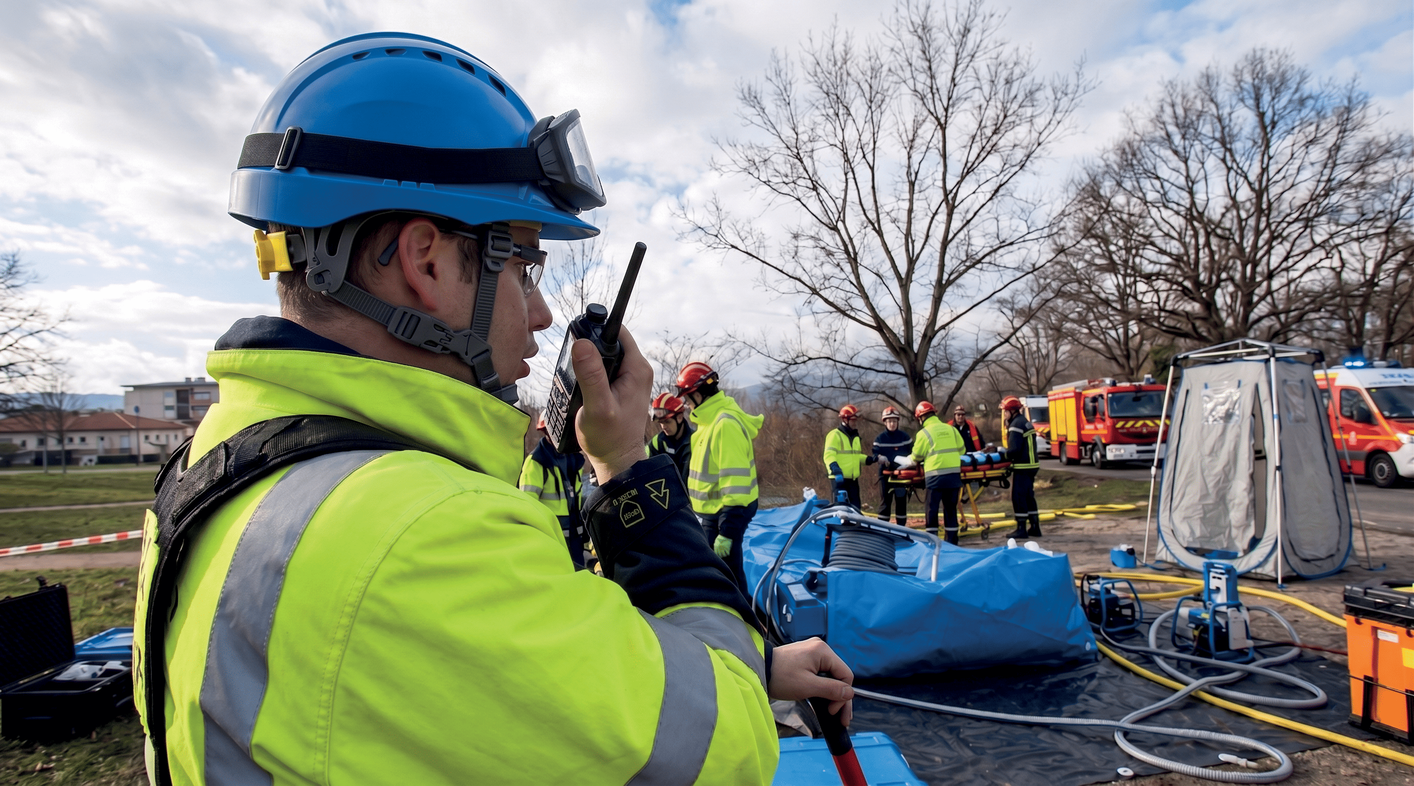 Professionnel sur chantier avec talkie-walkie